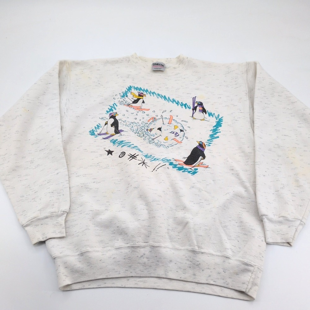 Vintage 90s Oneita Power Sweatshirt Large Grey Penguins Skiing Snowboard Graphic